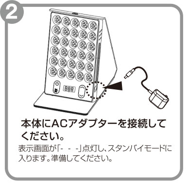 本体にACアダプターを接続してください。表示画面が「- - -」点灯し、スタンバイモードに入ります。準備してください。